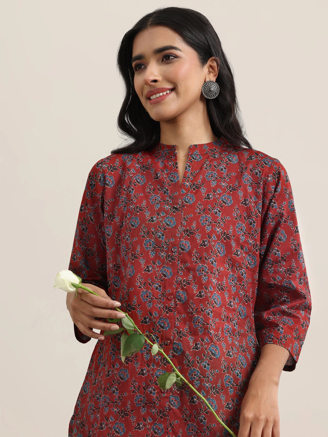 Maroon Printed Cotton Straight Kurti