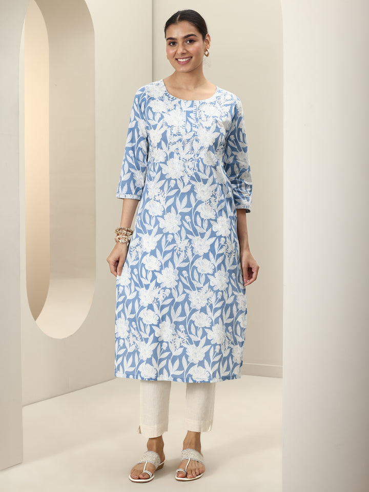 Blue Printed Cotton Straight Kurta
