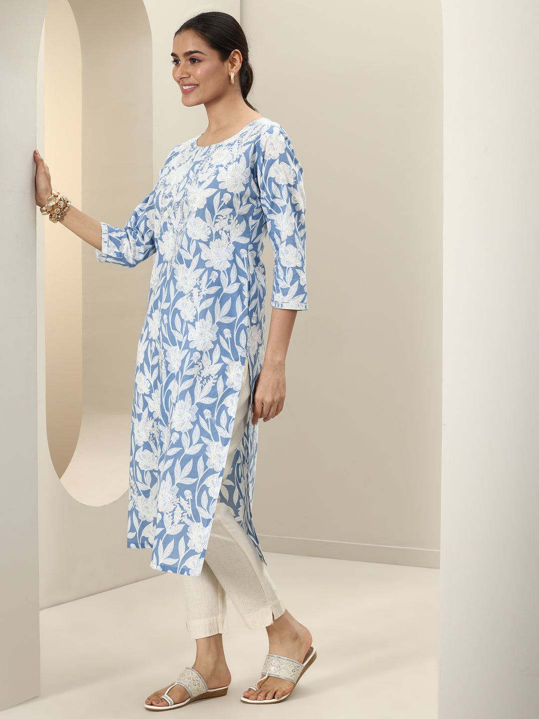 Blue Printed Cotton Straight Kurta