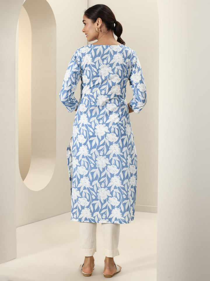 Blue Printed Cotton Straight Kurta