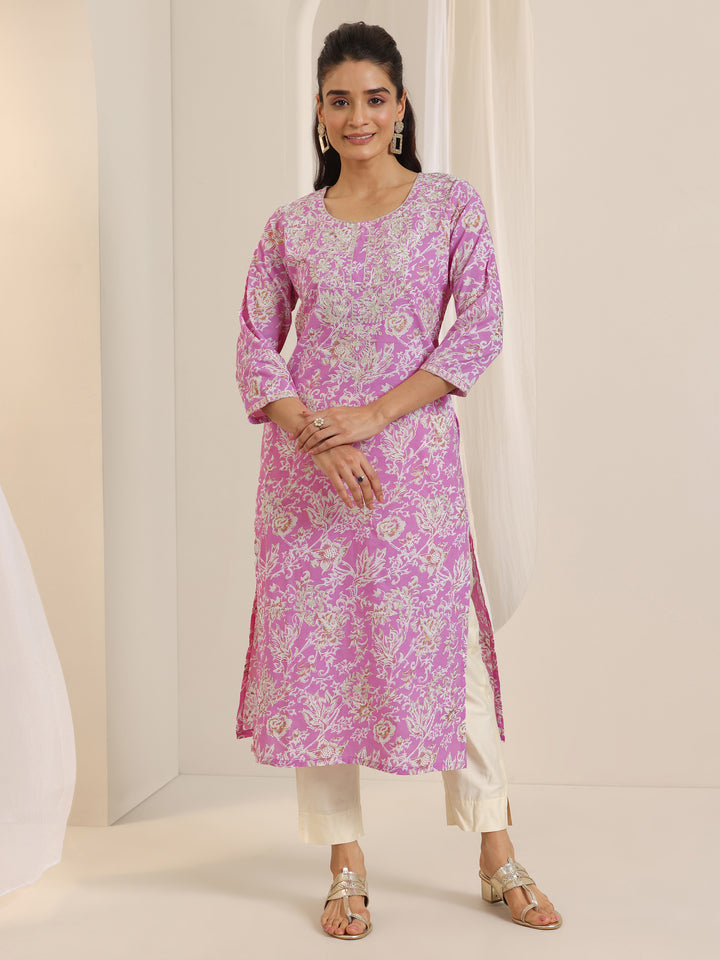 Pink Printed Cotton Straight Kurta