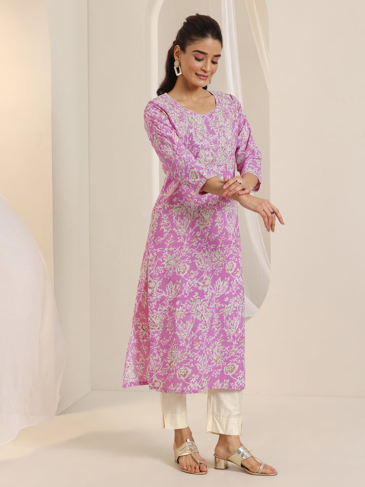 Pink Printed Cotton Straight Kurta