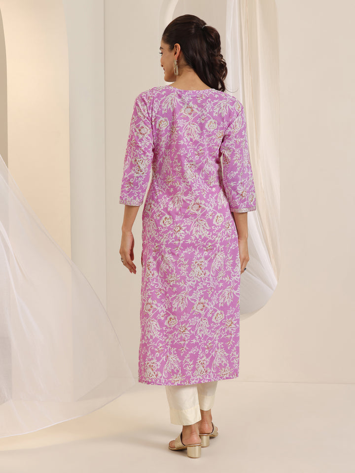 Pink Printed Cotton Straight Kurta