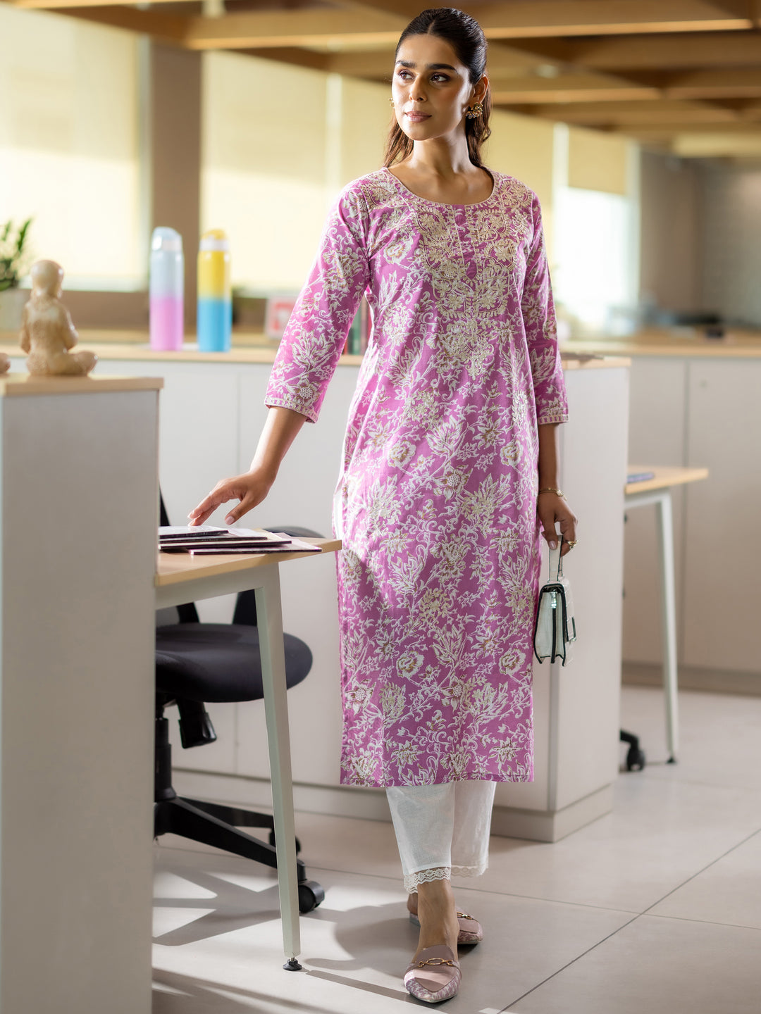 Pink Printed Cotton Straight Kurta