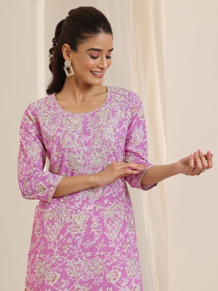 Pink Printed Cotton Straight Kurta