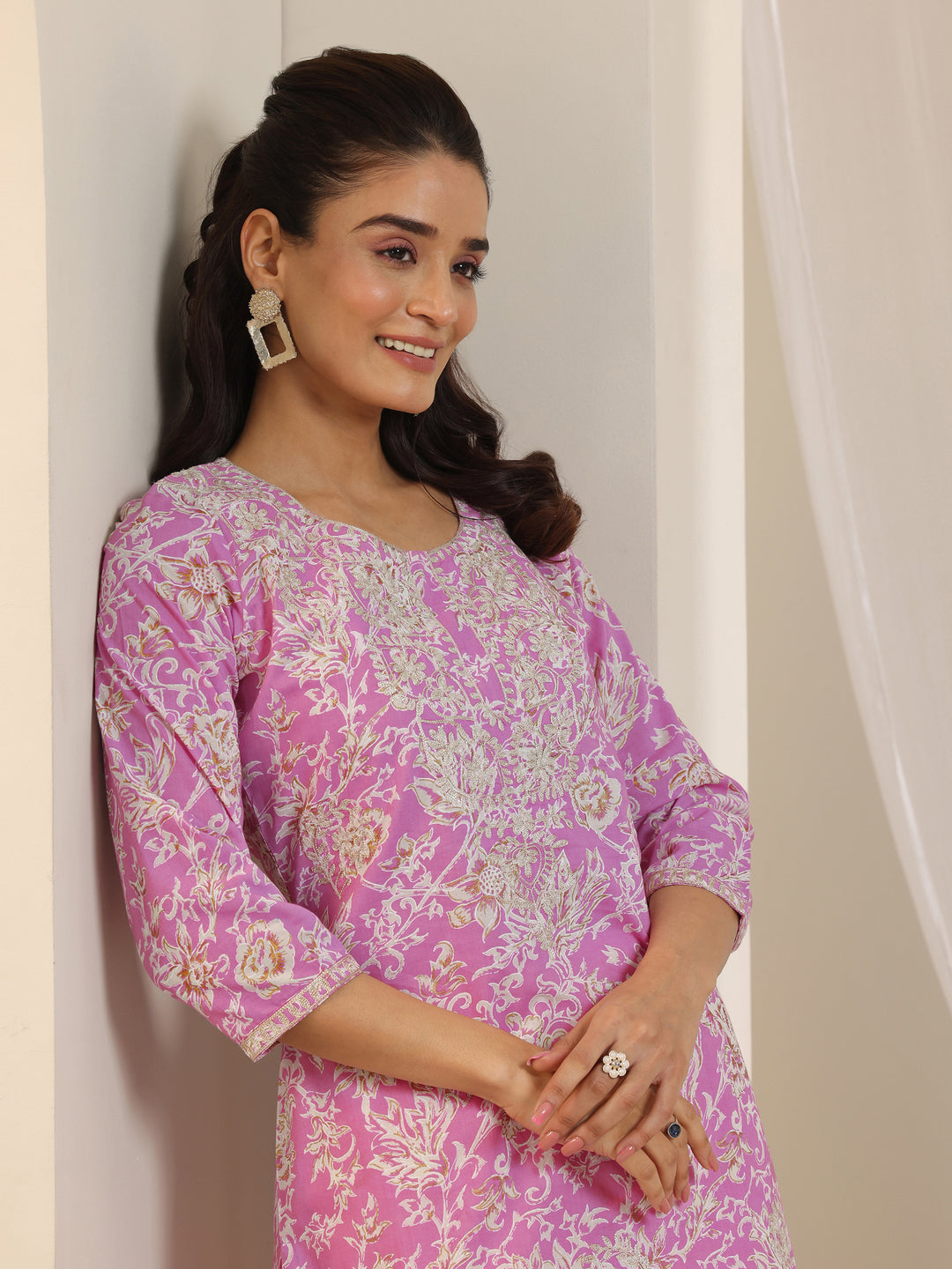 Pink Printed Cotton Straight Kurta