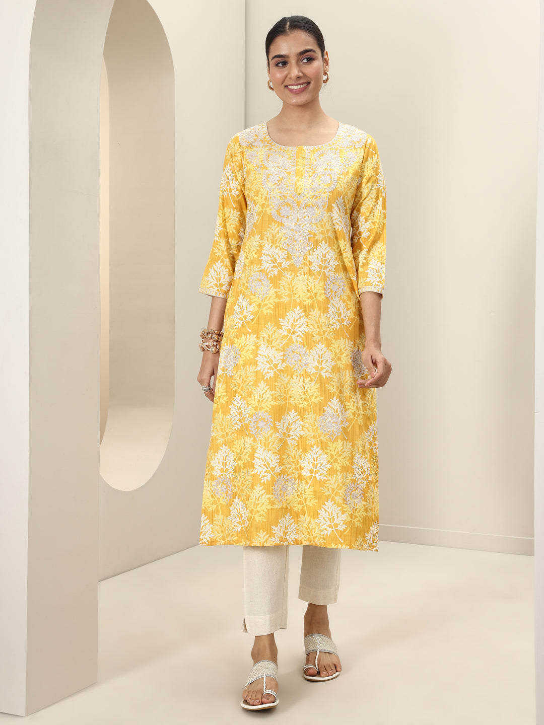 Yellow Printed Cotton Straight Kurta