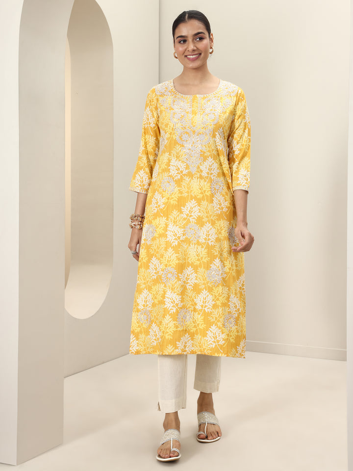 Yellow Printed Cotton Straight Kurta
