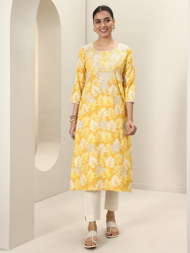 Yellow Printed Cotton Straight Kurta