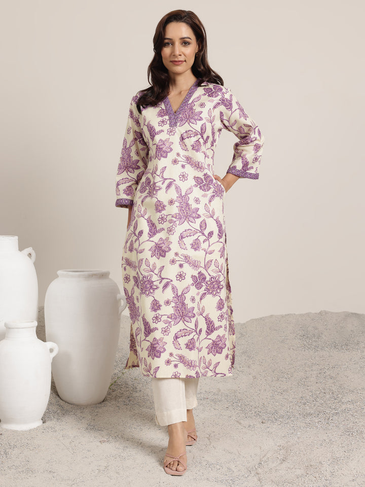 Purple Printed Cotton Straight Kurta