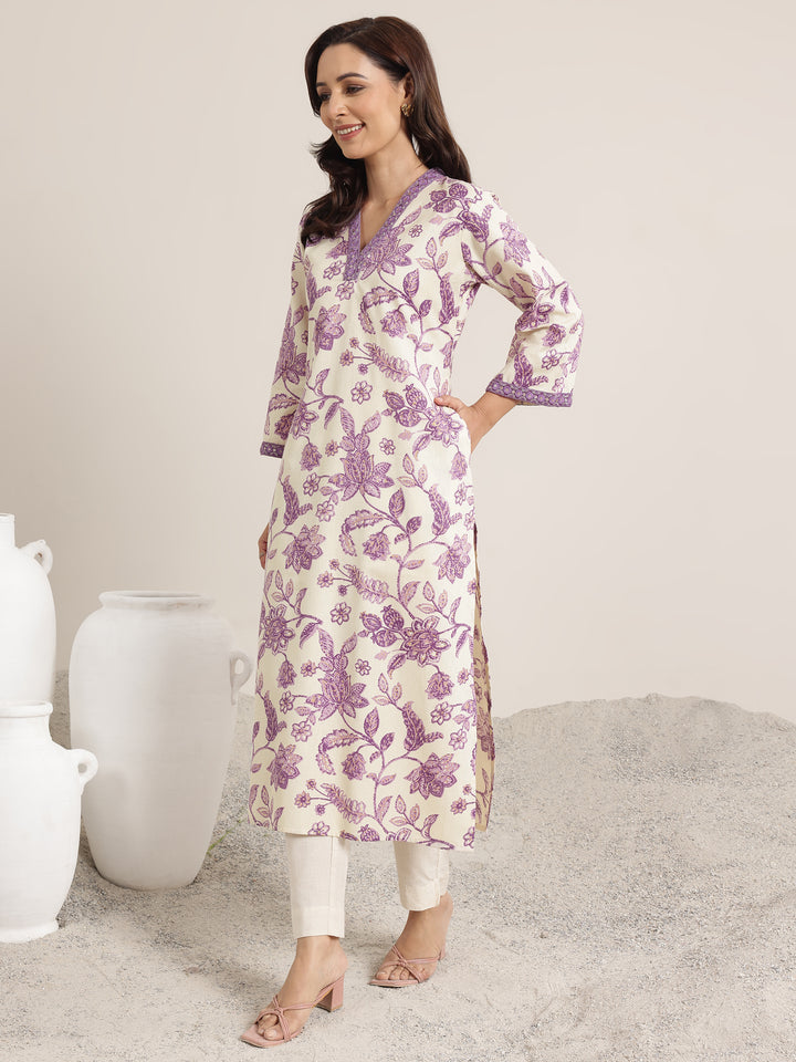 Purple Printed Cotton Straight Kurta