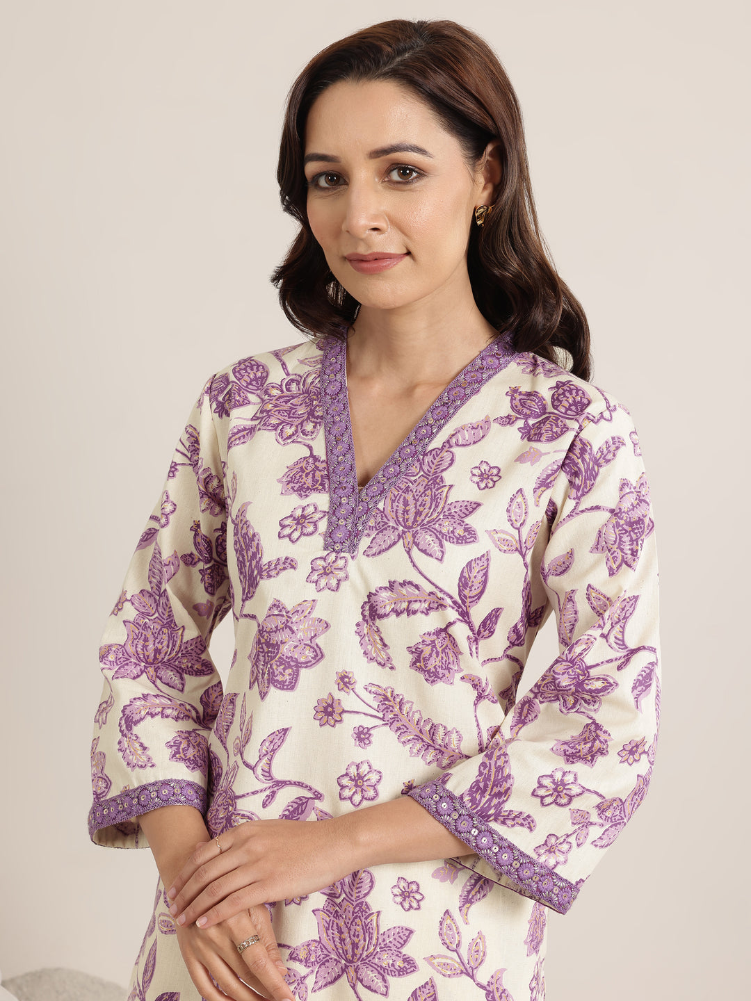 Purple Printed Cotton Straight Kurta