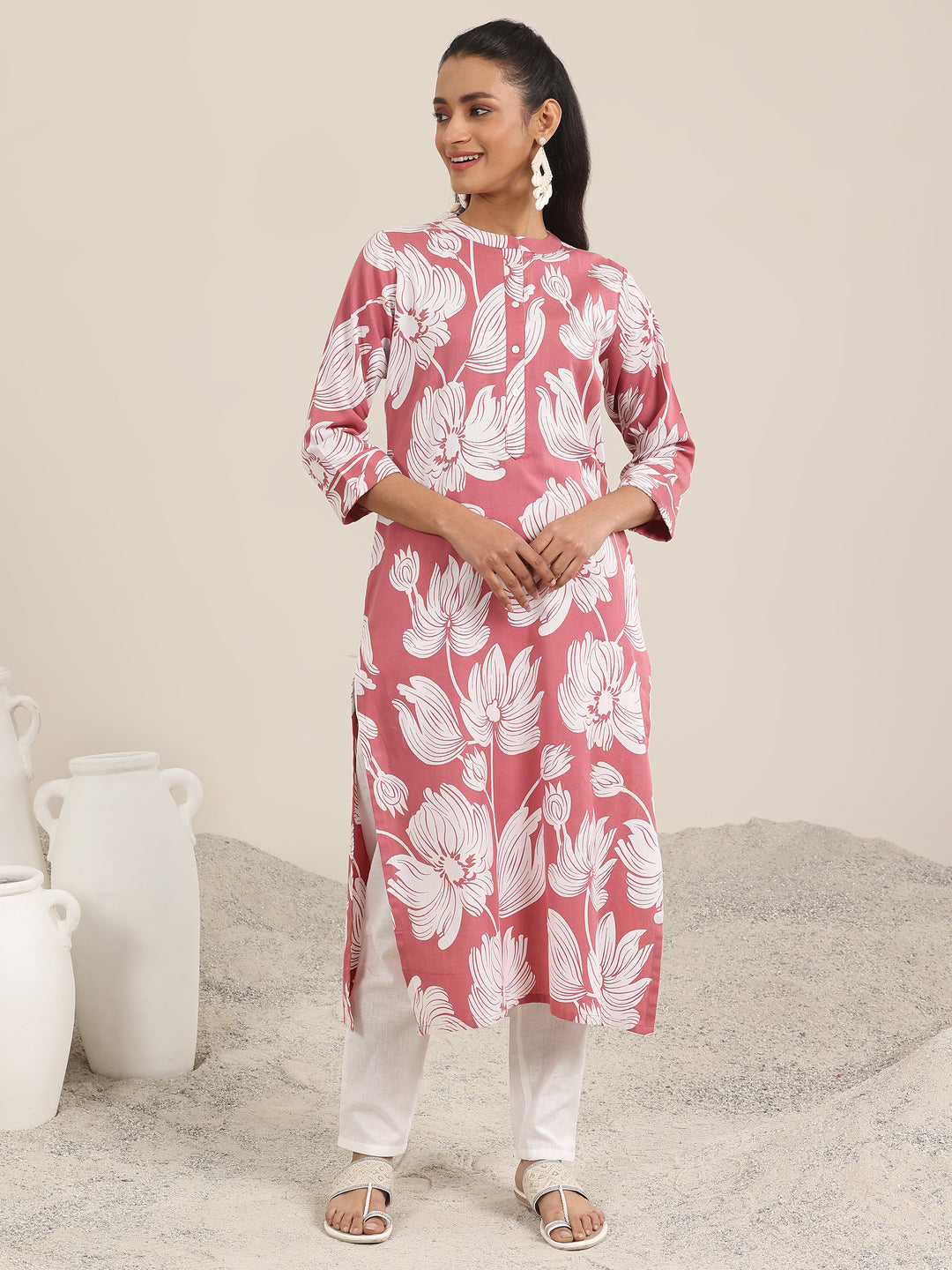 Peach Printed Cotton Straight Kurta