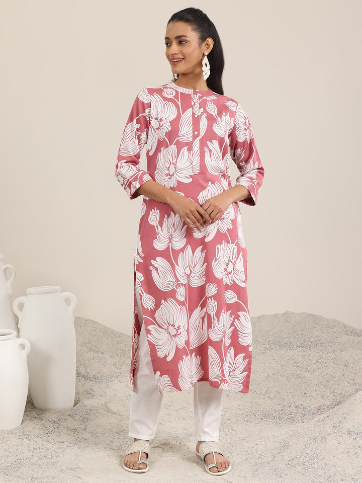 Peach Printed Cotton Straight Kurta