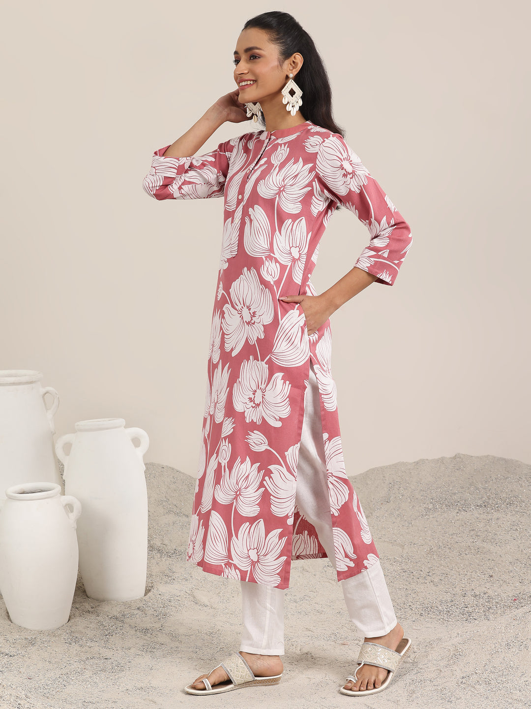 Peach Printed Cotton Straight Kurta