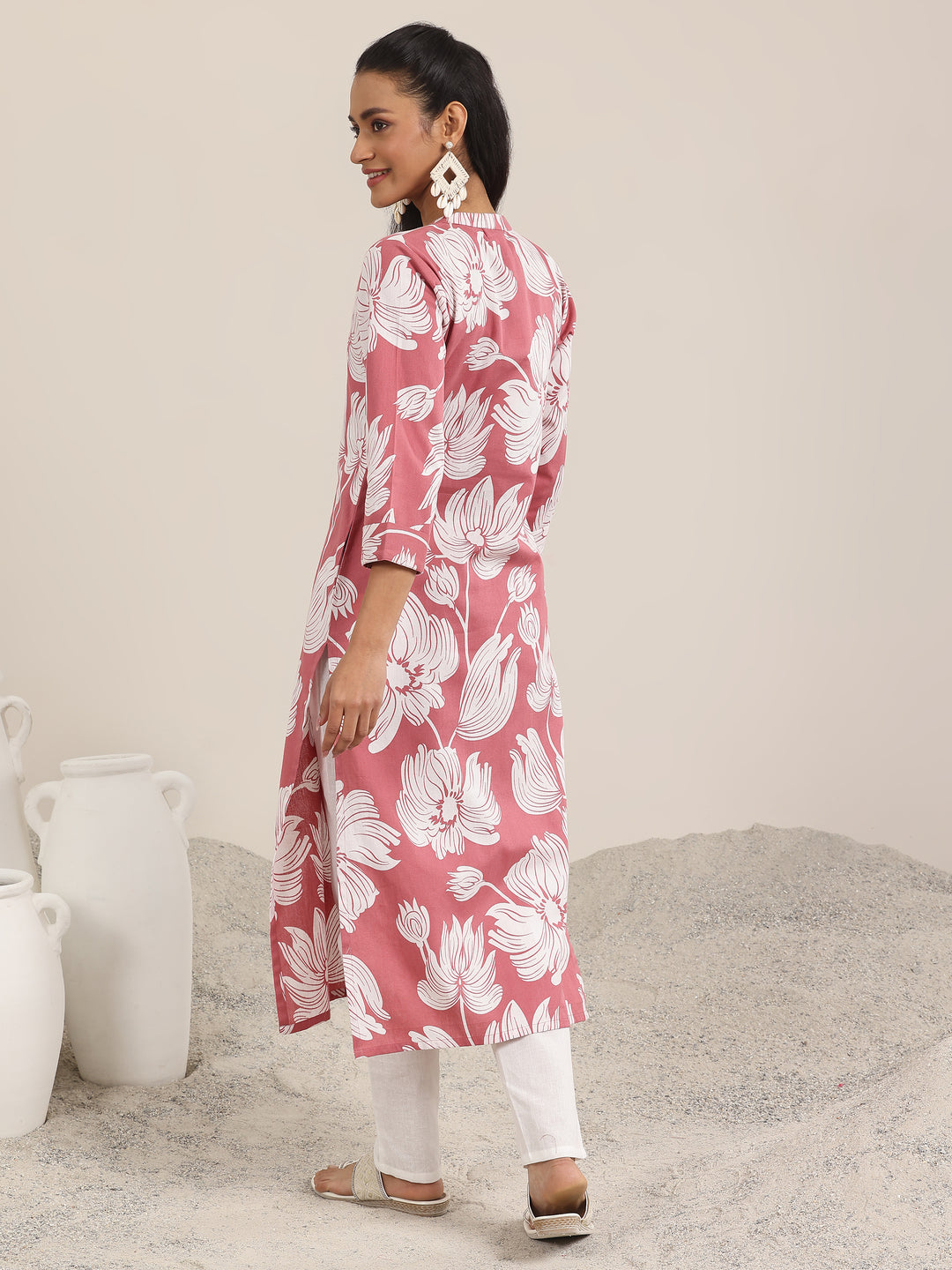 Peach Printed Cotton Straight Kurta