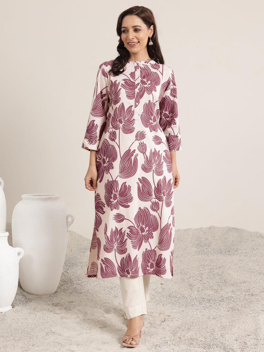 Mauve Printed Cotton Straight Kurta