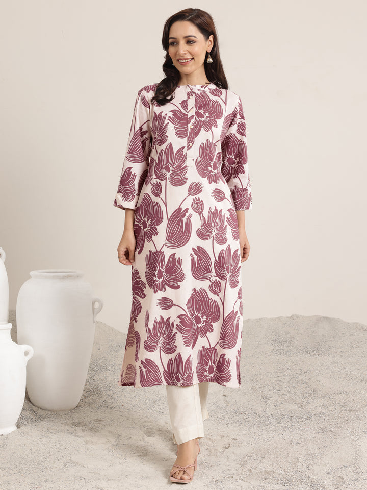 Mauve Printed Cotton Straight Kurta