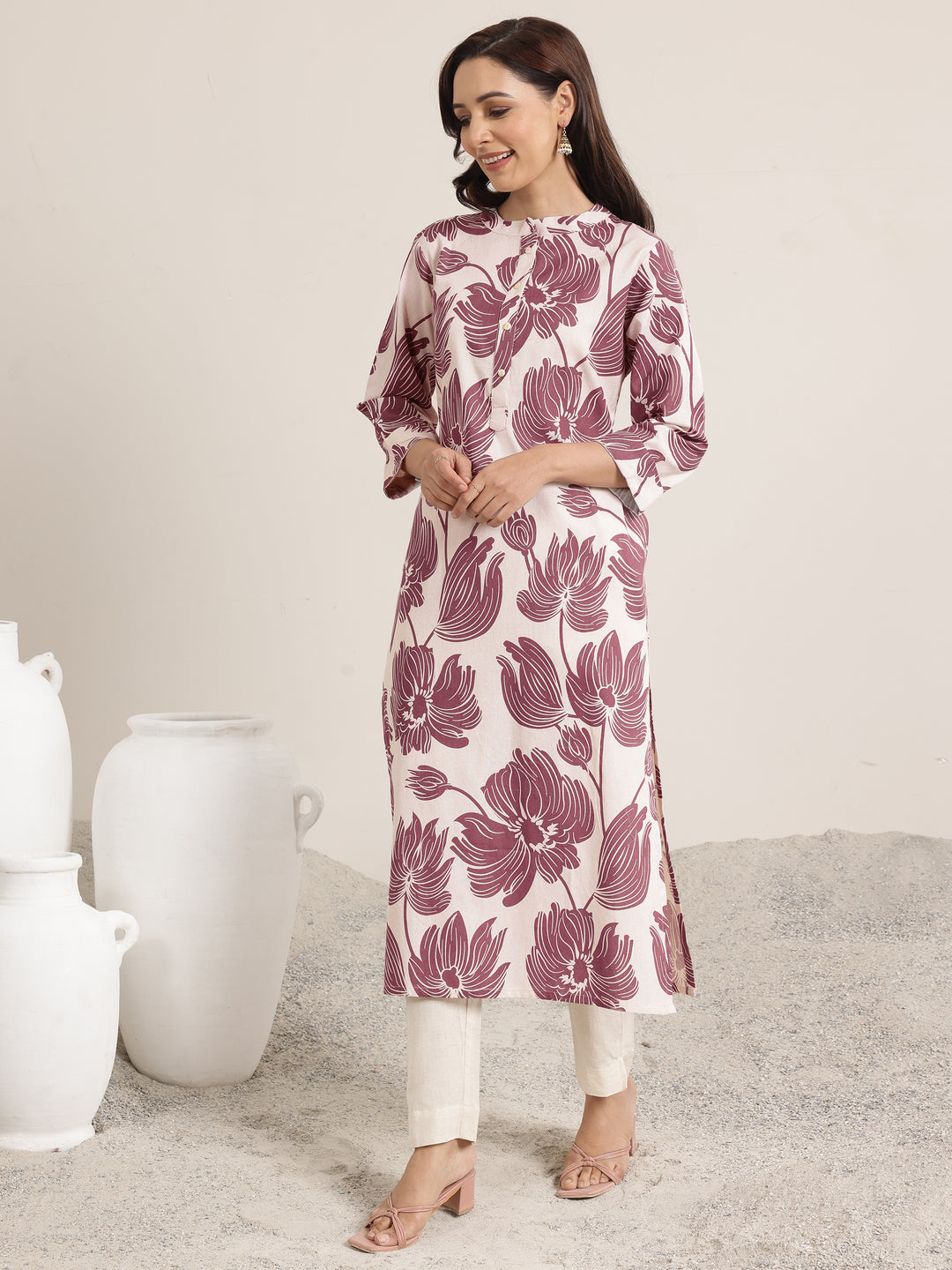 Mauve Printed Cotton Straight Kurta
