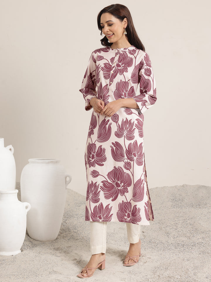 Mauve Printed Cotton Straight Kurta