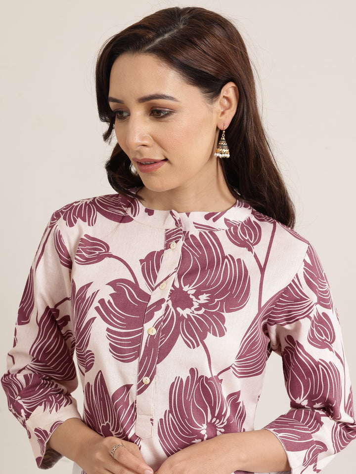 Mauve Printed Cotton Straight Kurta