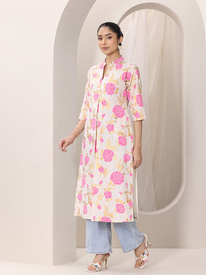 Pink Printed Cotton Blend Straight Kurta