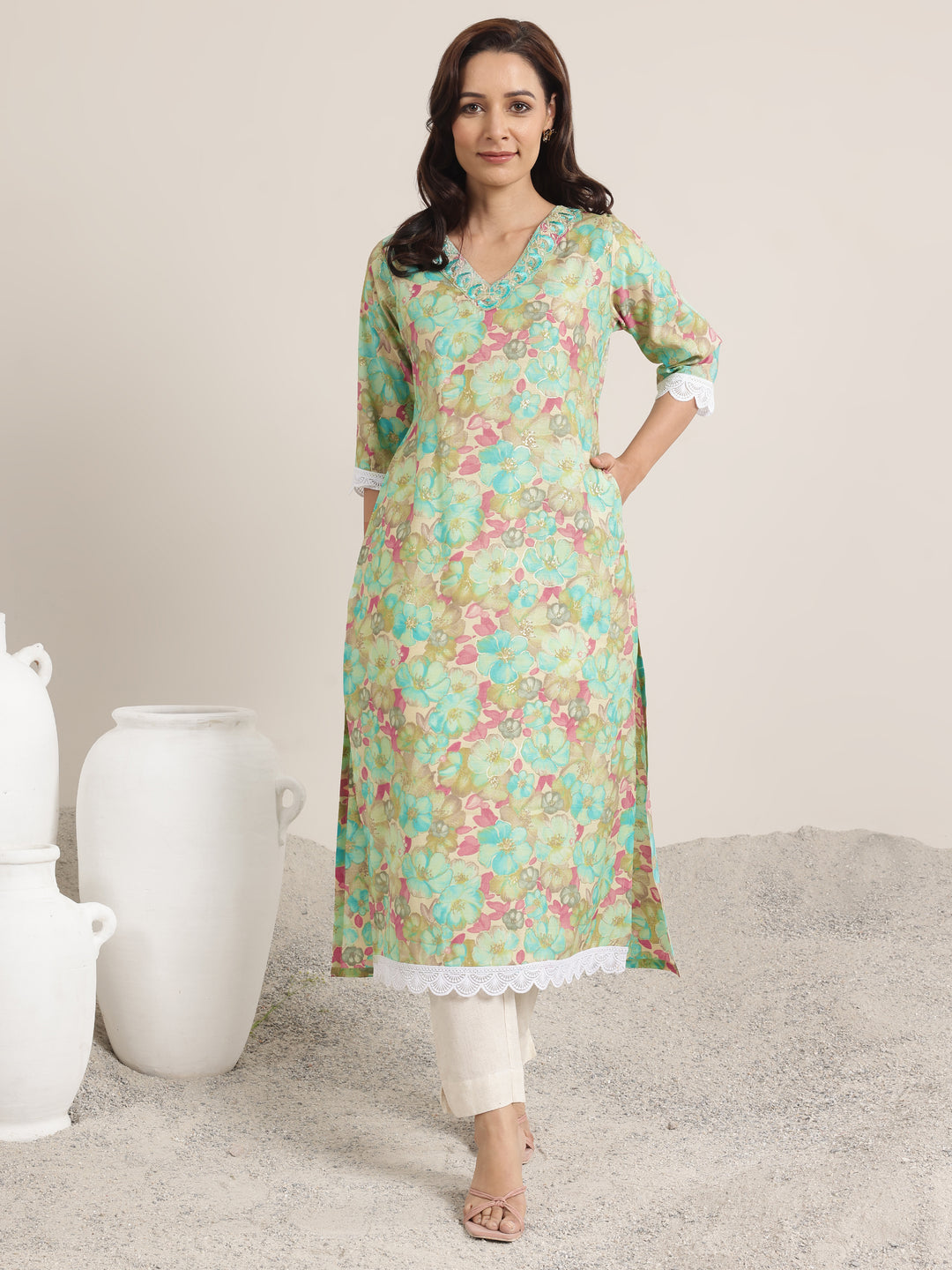 Green Printed Silk Blend Straight Kurta