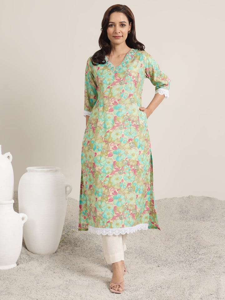 Green Printed Silk Blend Straight Kurta