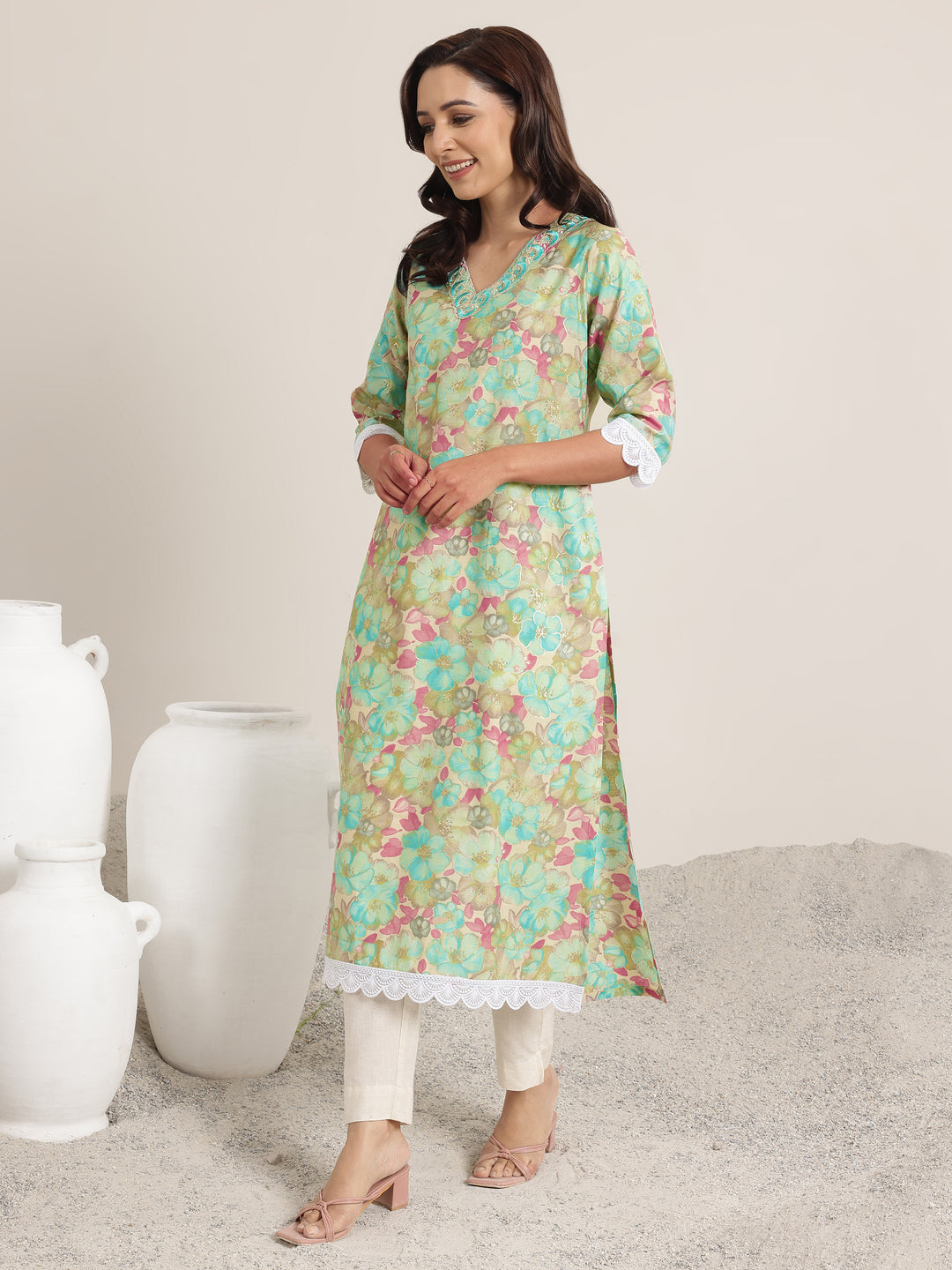 Green Printed Silk Blend Straight Kurta