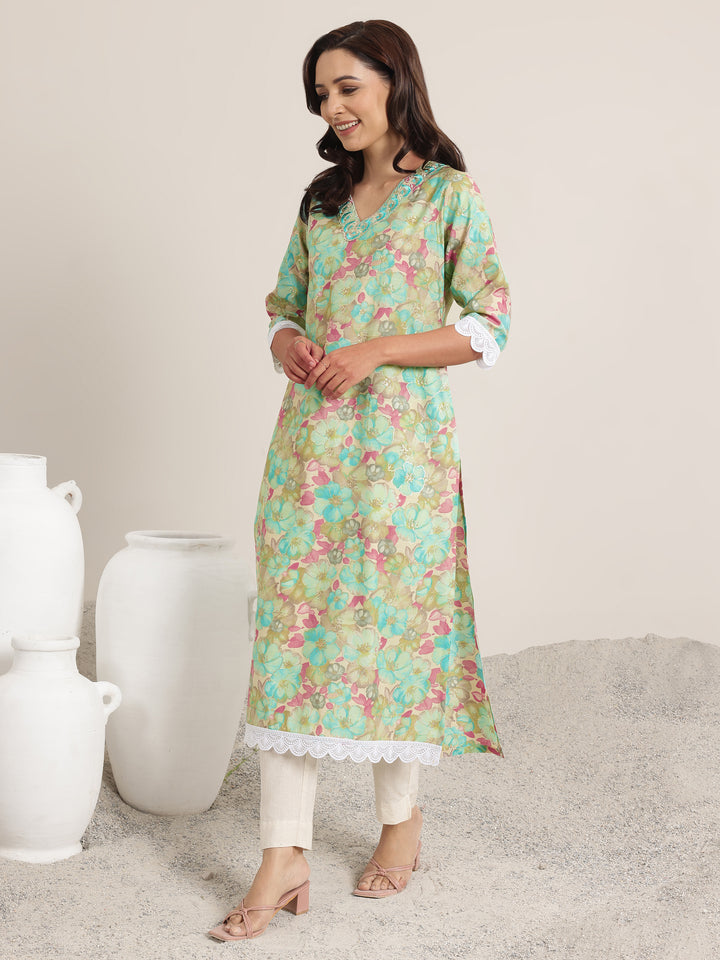 Green Printed Silk Blend Straight Kurta