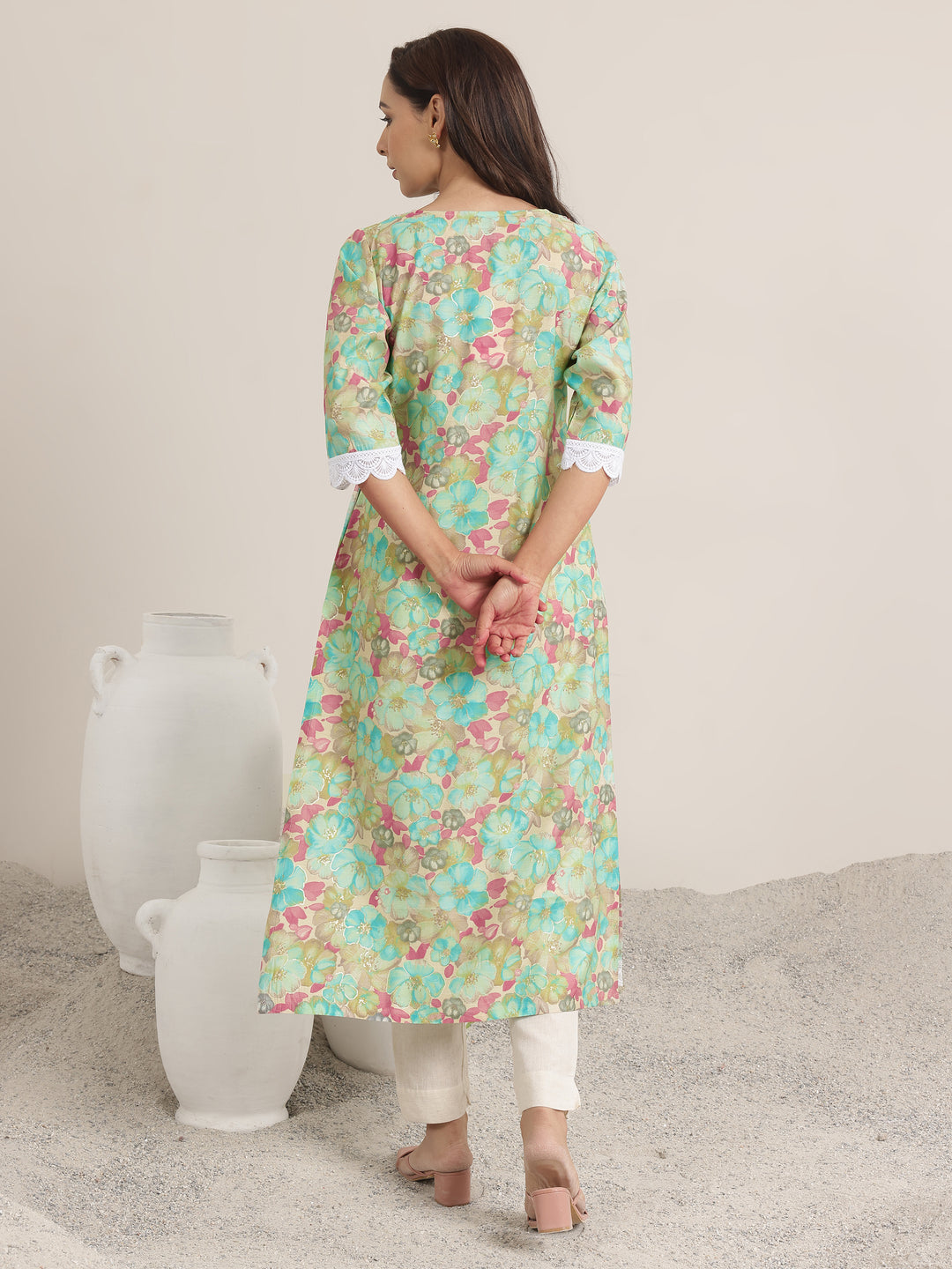 Green Printed Silk Blend Straight Kurta