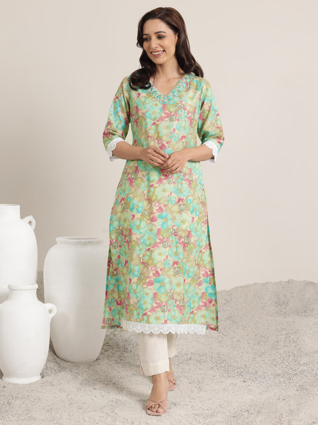 Green Printed Silk Blend Straight Kurta