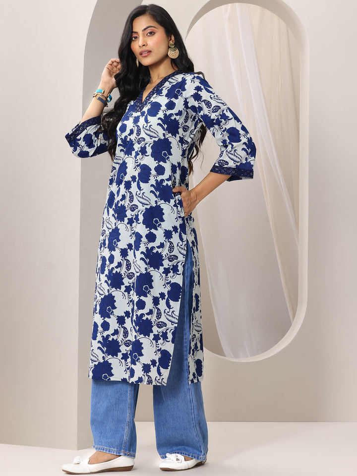 Indigo Printed Cotton Straight Kurta