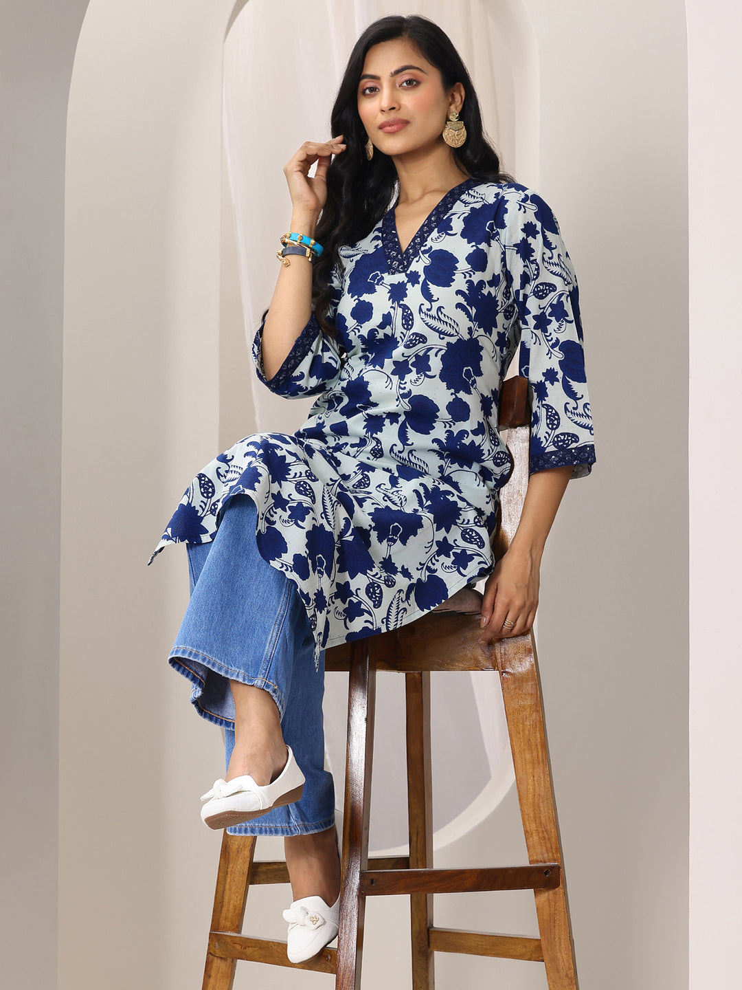 Indigo Printed Cotton Straight Kurta
