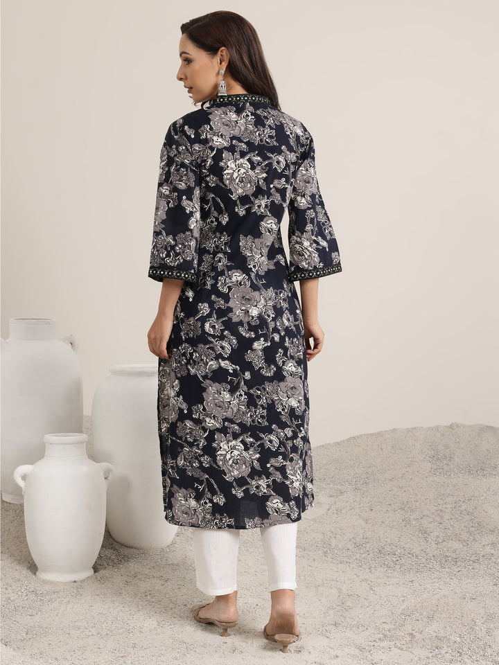 Black Printed Cotton Straight Kurta