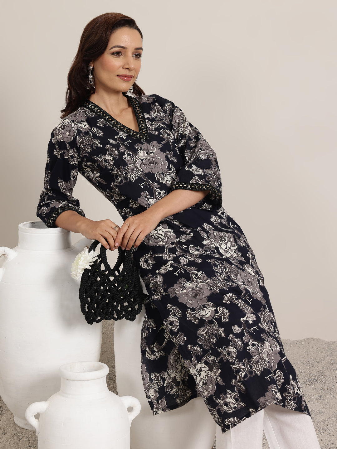 Black Printed Cotton Straight Kurta