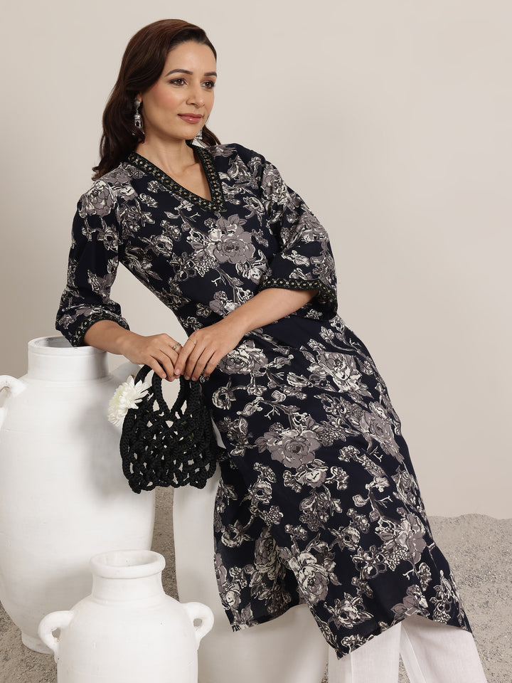 Black Printed Cotton Straight Kurta