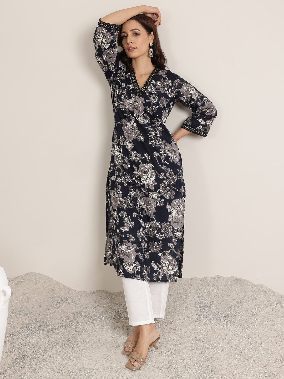 Black Printed Cotton Straight Kurta