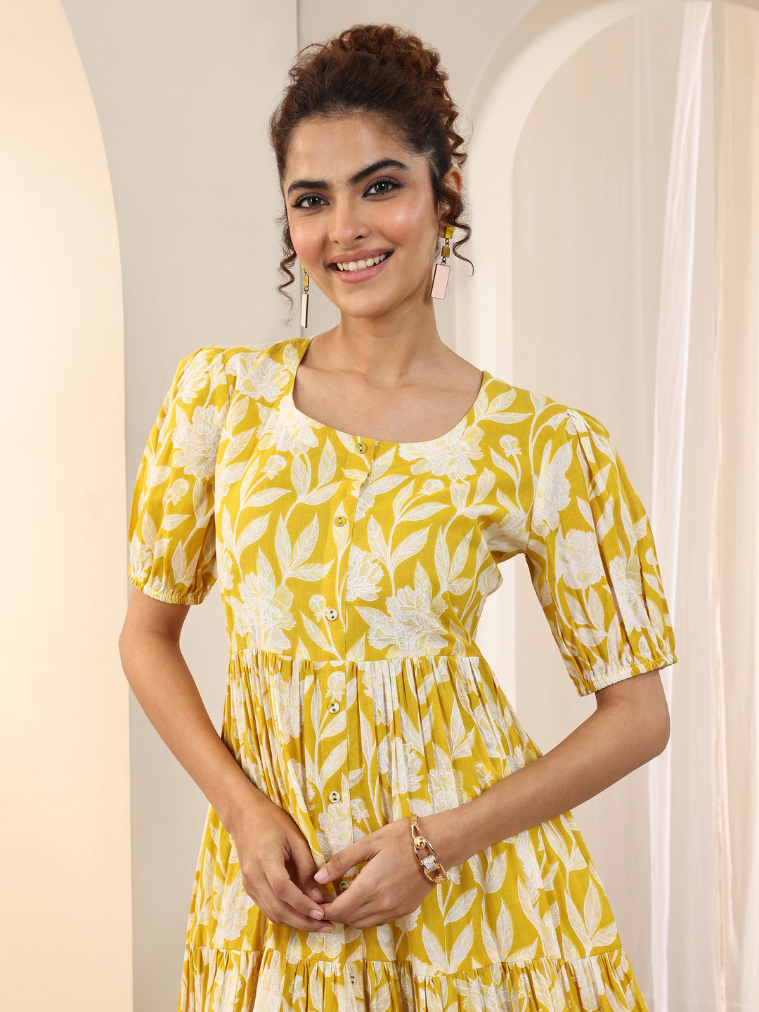 Yellow Printed Cotton Fit and Flare One Piece Dress