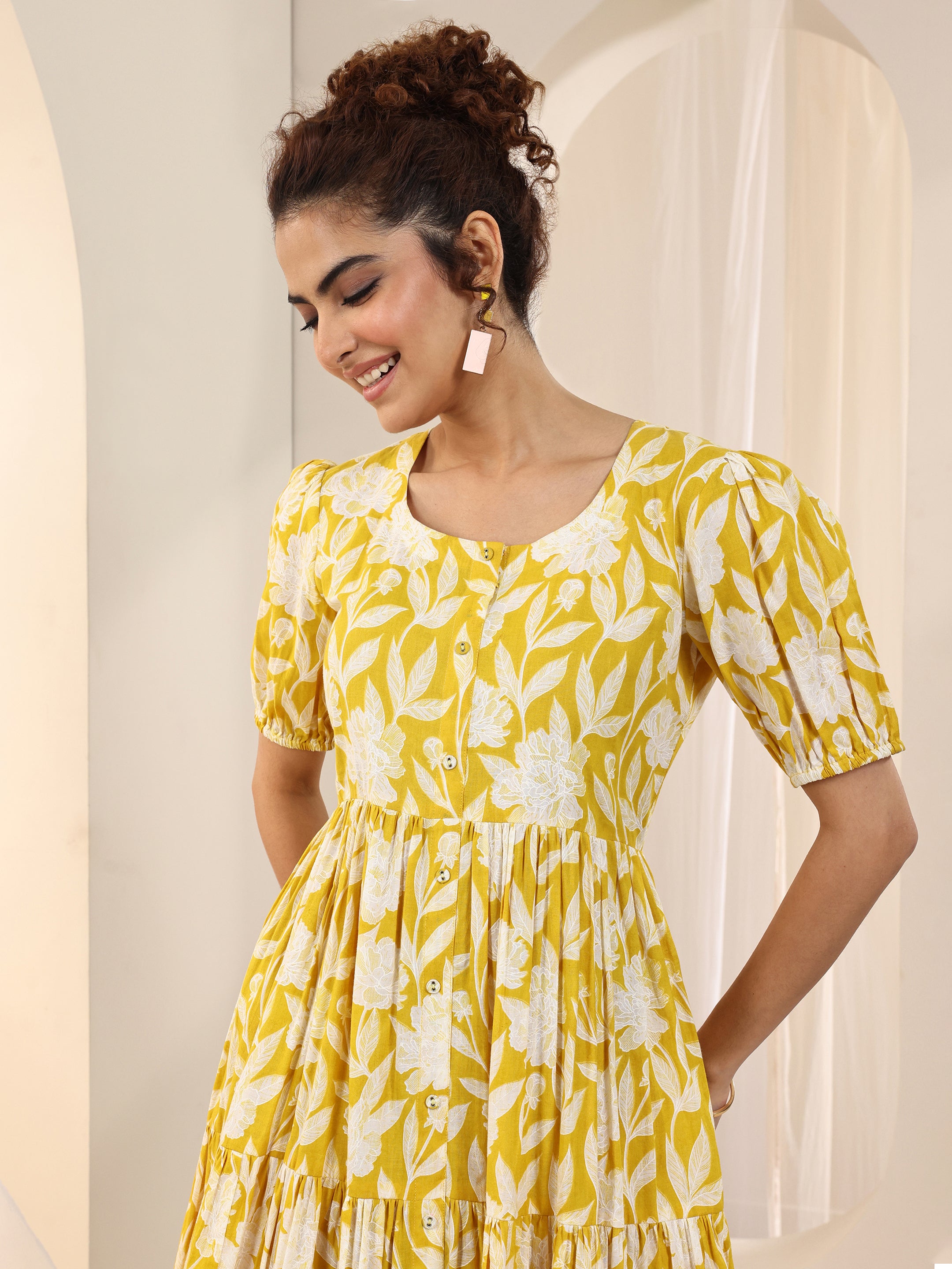 Buy Yellow Printed Cotton Fit and Flare One Piece Dress Online in USA at  $23.00