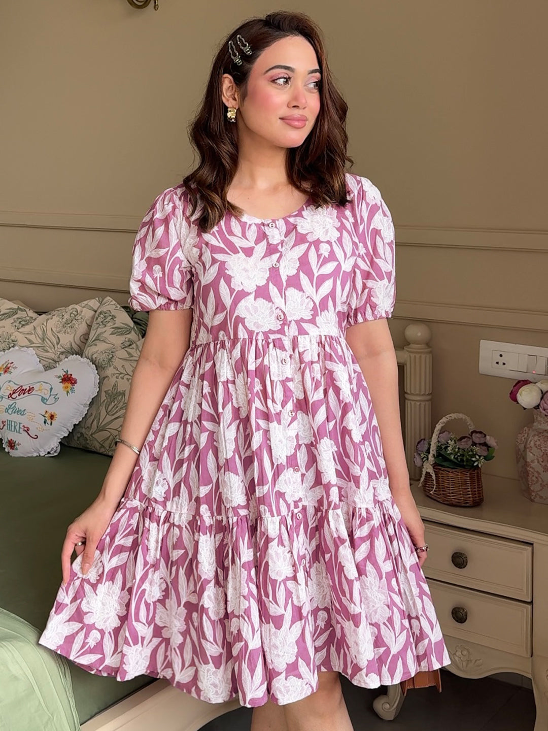 Purple Ladies One Piece Frock Buy Purple Printed Cotton Fit And Flare One  Piece Dress Online In