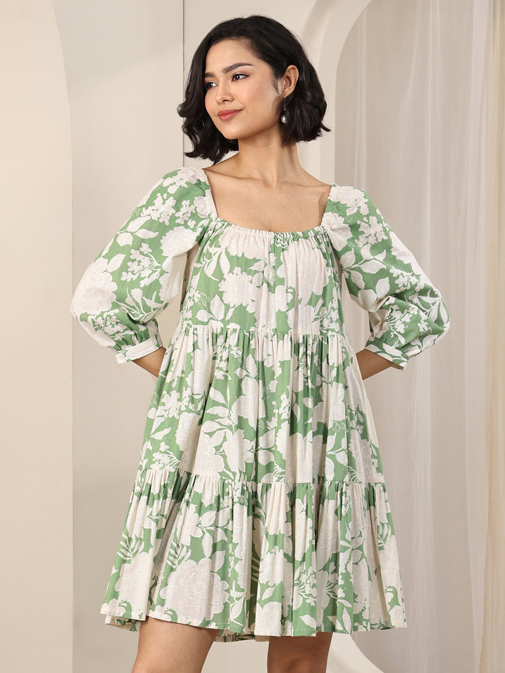 Green Printed Cotton A-Line One Piece Dress