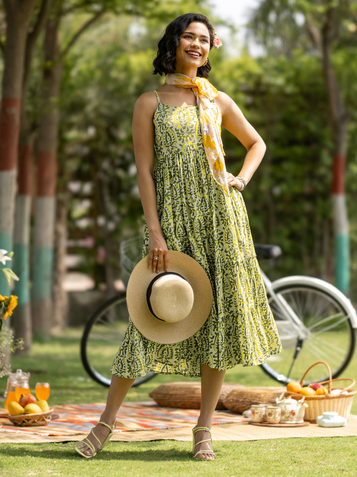 Olive Printed Cotton Fit and Flare One Piece Dress