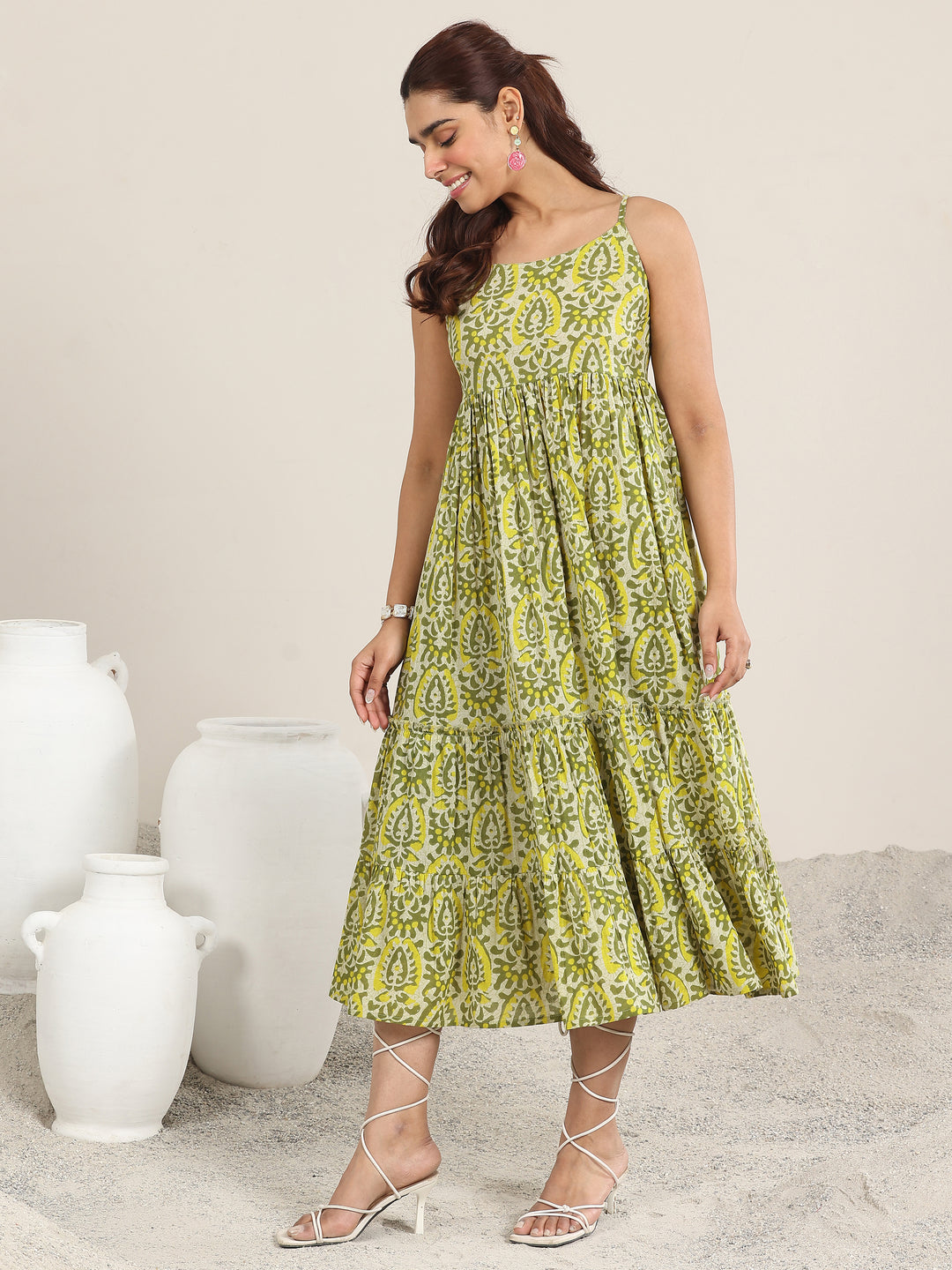 Olive Printed Cotton Fit and Flare One Piece Dress