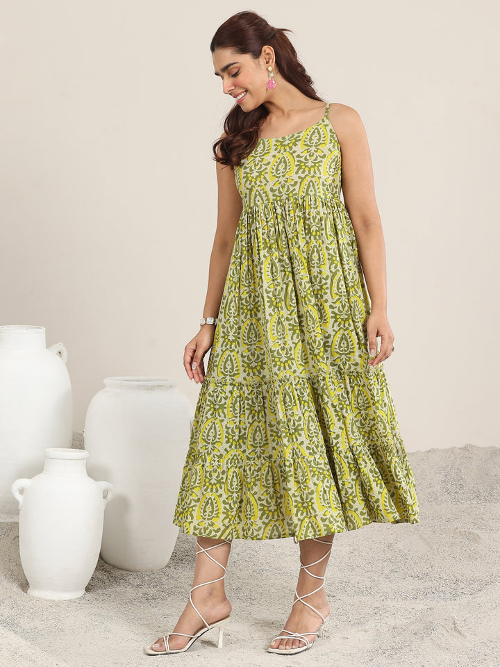 Olive Printed Cotton Fit and Flare One Piece Dress