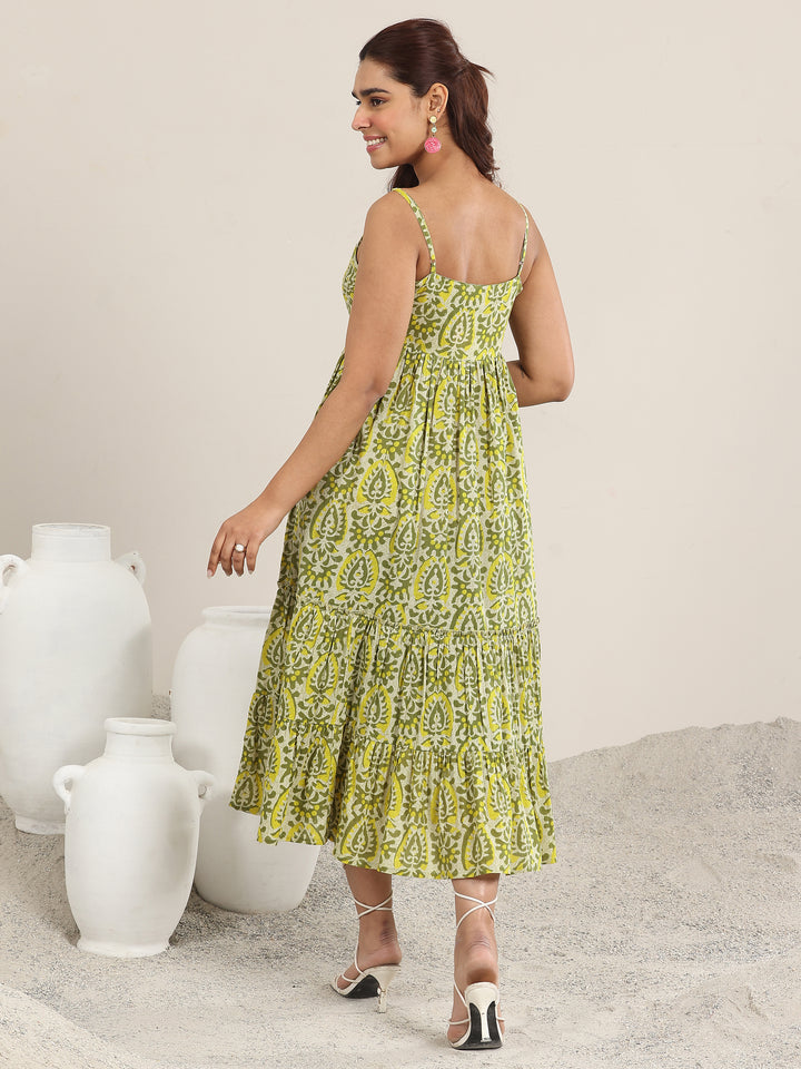 Olive Printed Cotton Fit and Flare One Piece Dress
