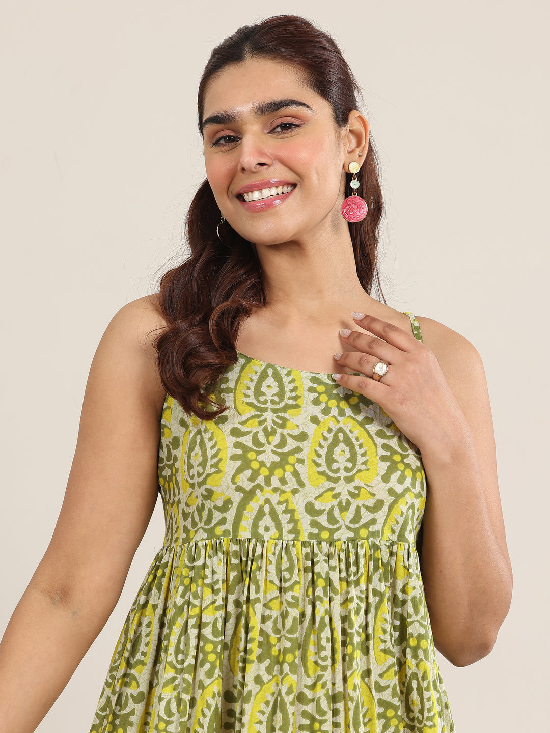 Olive Printed Cotton Fit and Flare One Piece Dress