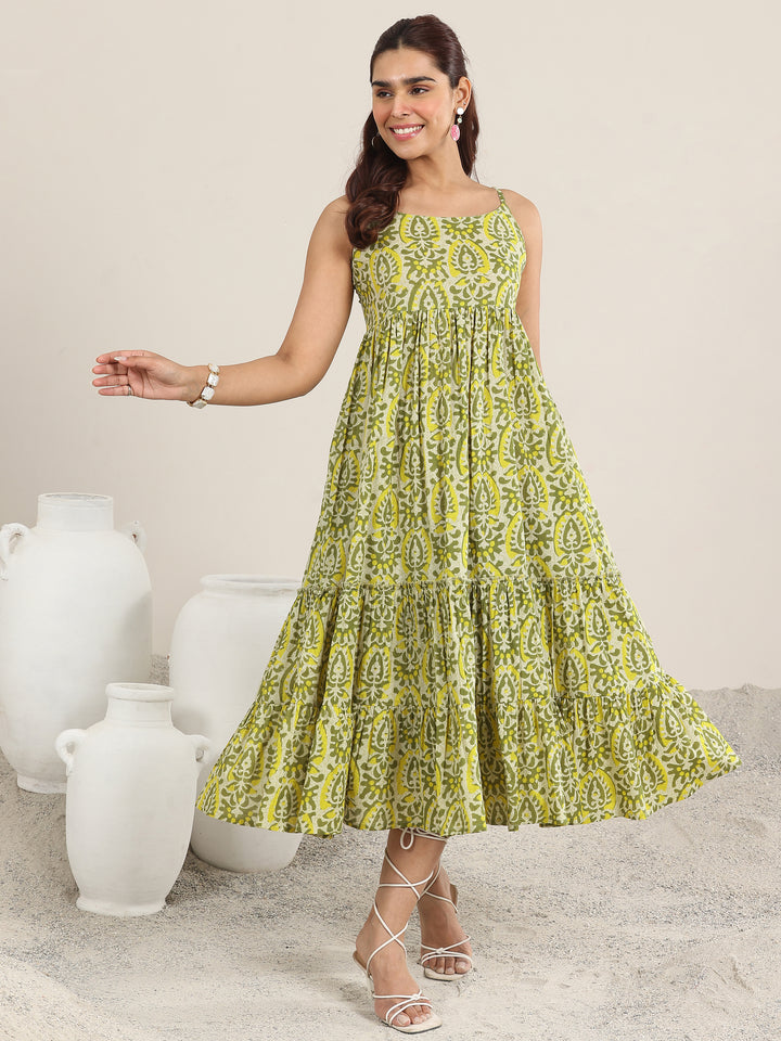 Olive Printed Cotton Fit and Flare One Piece Dress