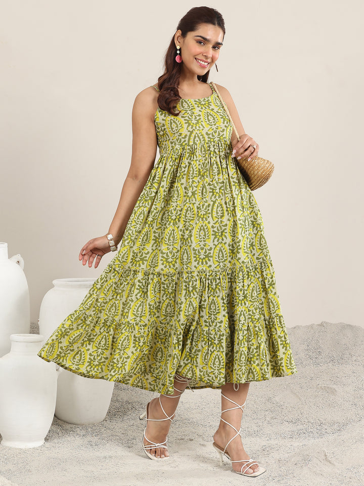 Olive Printed Cotton Fit and Flare One Piece Dress