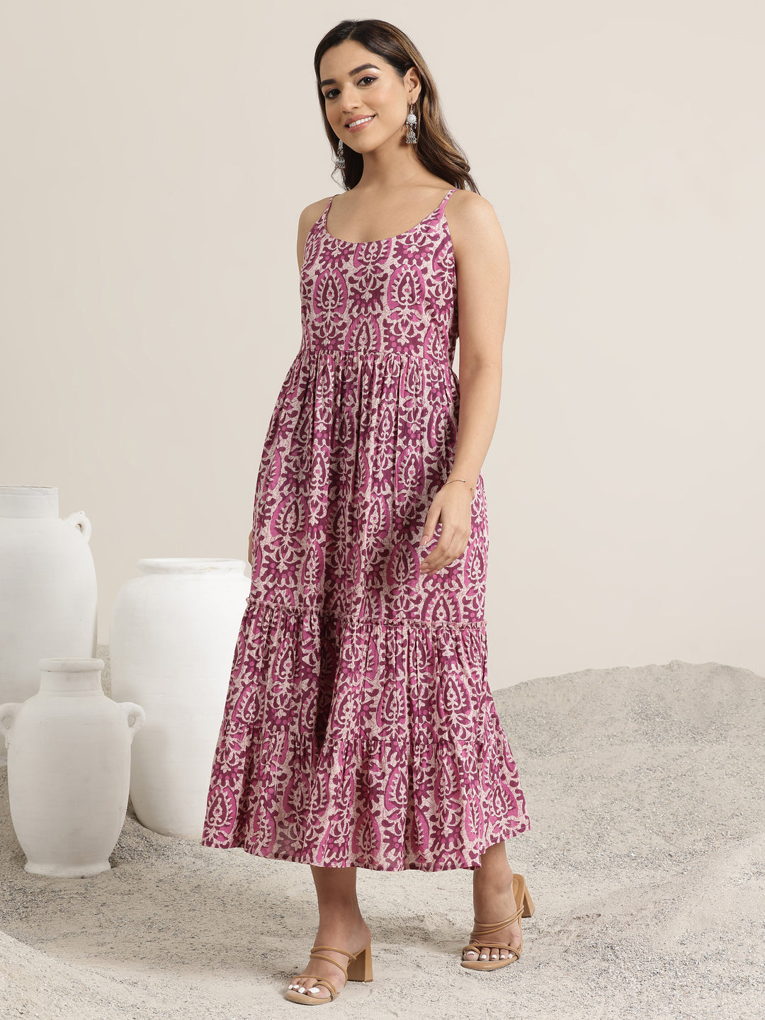 Mauve Printed Cotton Fit and Flare One Piece Dress